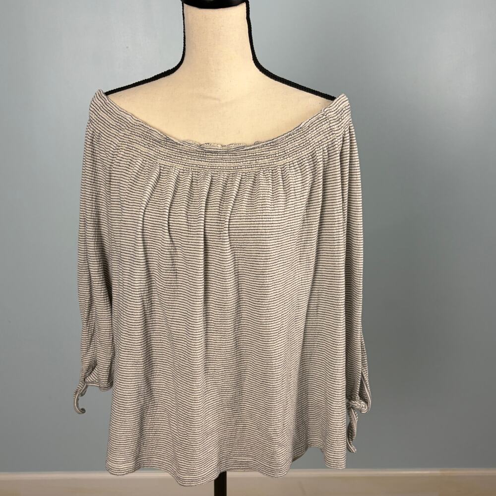 Lucky Brand Stripe Off Shoulder Peasant Top Tie Sleeve Boho Women's L